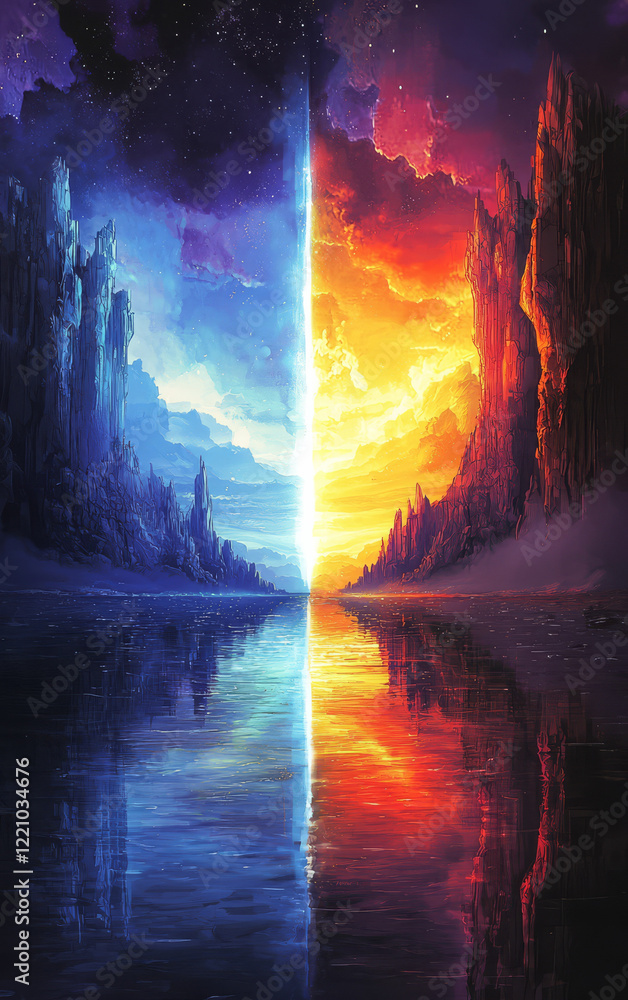 custom made wallpaper toronto digitalDual Realm: A surreal digital painting depicts a stunning landscape split between two contrasting worlds: a serene, icy realm and a fiery, vibrant domain, each reflected in the calm water below.
