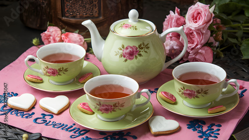 Wallpaper Mural Green tea set with teapot and cups with heart shaped cookies on a pink cloth with Good evening Torontodigital.ca