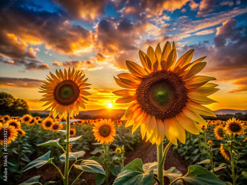 Fototapeta premium Silhouetted Sunflowers at Sunset: Dramatic Floral Background