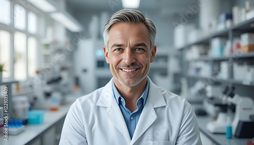 A handsome senior lab engineer in a crisp white coat, confidently looking at the camera with a gentle, professional smile. photo