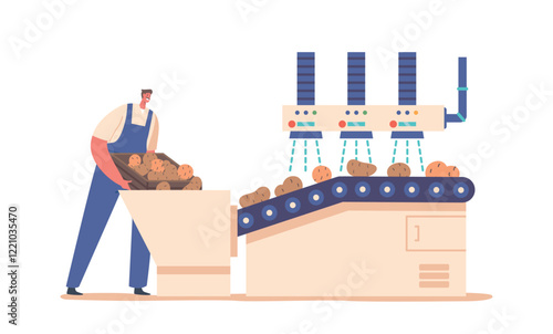 Potato Chips Manufacturing Process. Worker Character Wearing Uniform Washing Raw Vegetables on Factory Conveyor