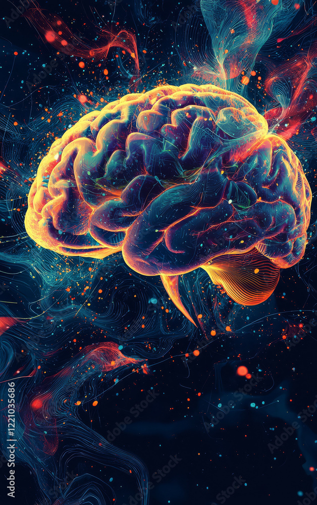 Fototapeta premium Brain Illuminated: An artistic depiction of the human brain radiates with vibrant colors and energy, suggesting the boundless potential of the mind and its intricate processes. 