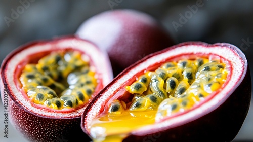 close-up illustration of a fresh passion fruit sliced open, showing the vibrant yellow pulp and seeds, with juice dripping from the fruit, symbolizing its nutritional benefits. Passion fruit.  photo