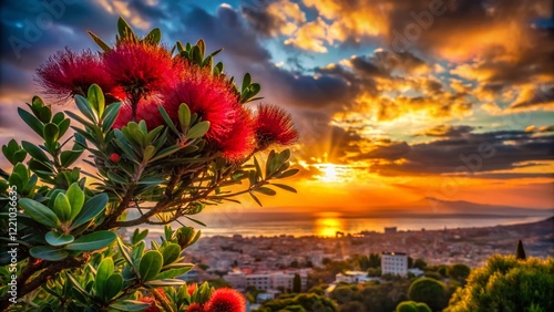 Silhouette of Blooming Metrosideros excelsa Shrub against Athenian Sunset photo