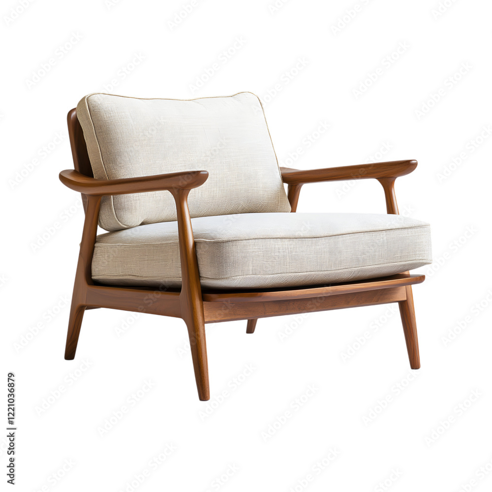 Mid-Century Modern Armchair with Walnut Frame and White Cushion Isolated on Transparent Background Mid-Century Modern Armchair with Walnut Frame and White Cushion Isolated on Transparent Background