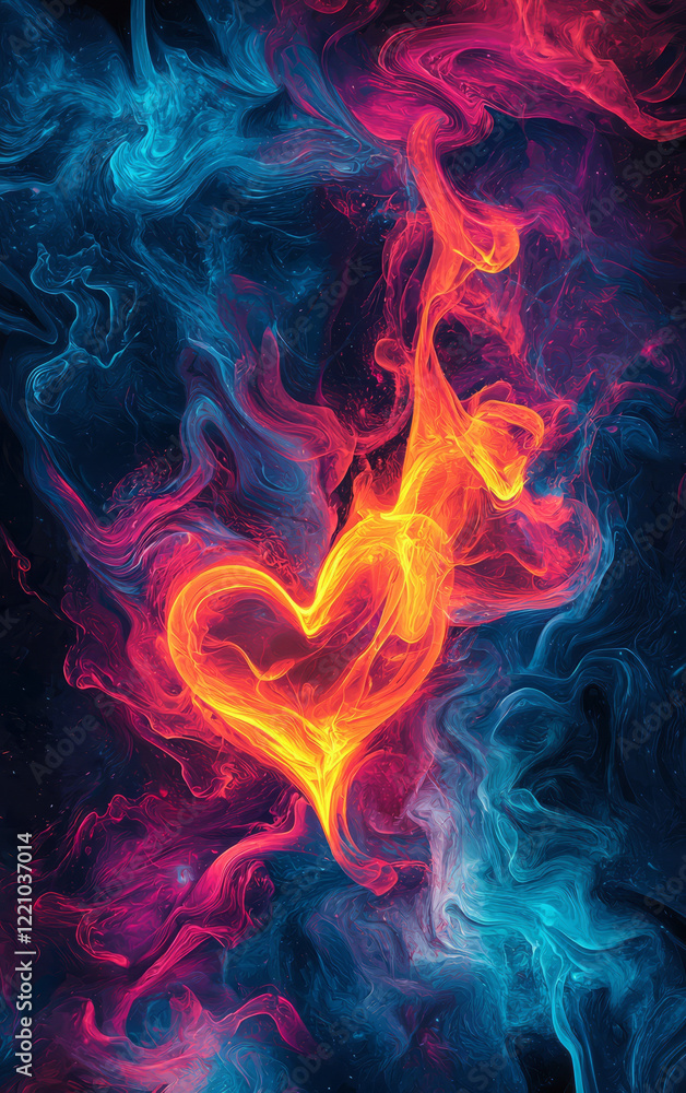Fototapeta premium Eternal Flame of Love: A vibrant heart shape, rendered in fiery hues of orange and yellow, is enveloped by swirling nebulae of pink and blue.