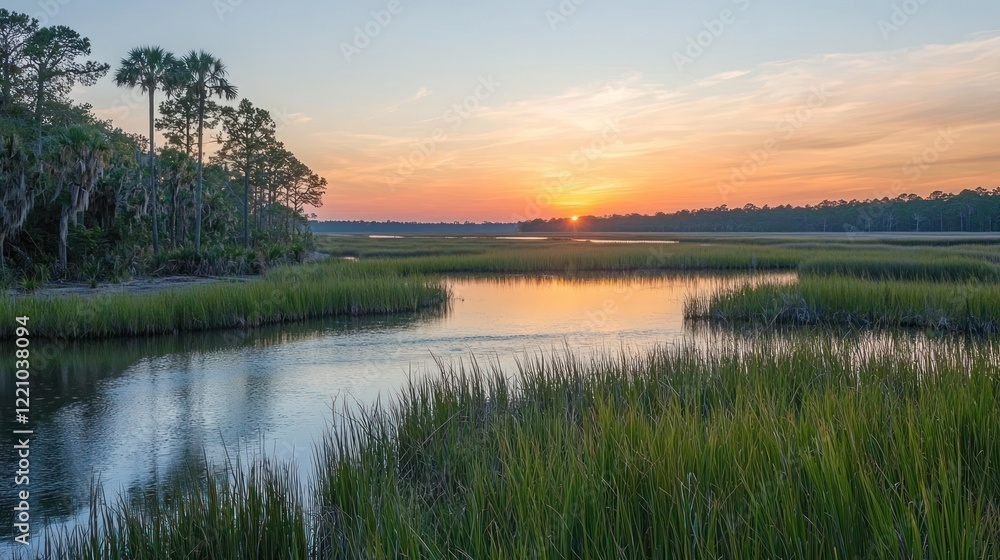 Sunset over coastal marsh grasses and trees Sunset over coastal marsh grasses and trees