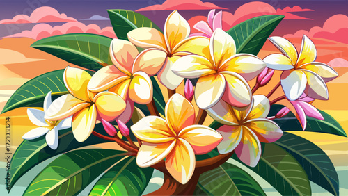 A beautiful bunch of tropical frangipani flowers. Plumeria blooms pink and yellow and white. Fresh spa flowers at sunset. Asian or carribean flower 
