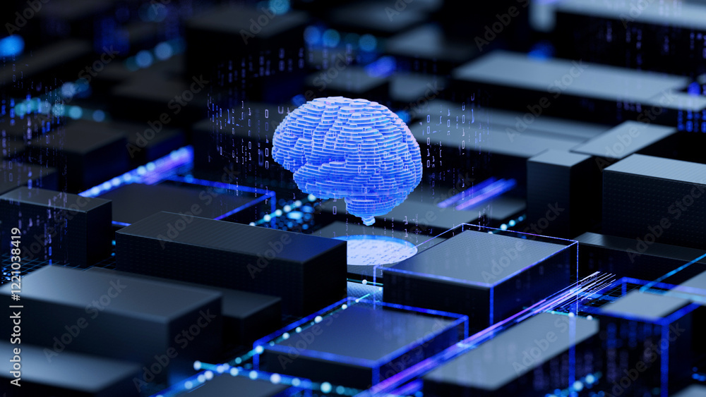AI brain on circuit board symbolizes cognitive computing and technological intelligence. 3d rendering, conceptual image.