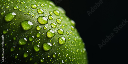 Close-up of water drops on an green apple,water drops on green background,Banner copy background photo