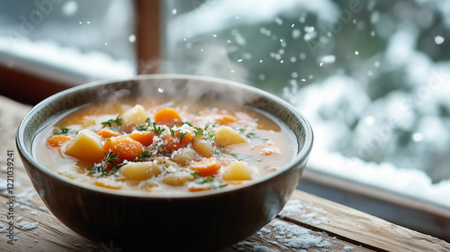 Hearty bowl of vegetable soup by snowy window to evoke warmth and comfort photo