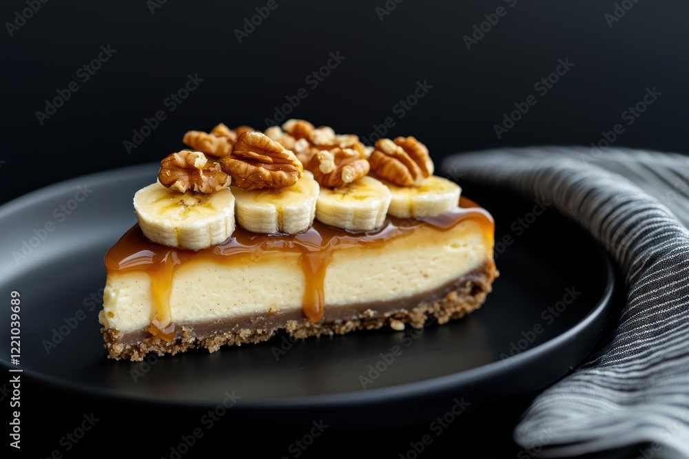 Banana caramel cheesecake slice with a crunchy crust, topped with fresh banana slices, caramel drizzle, and chopped nuts, elegantly presented on a black plate Banana caramel cheesecake slice with a crunchy crust, topped with fresh banana slices, caramel drizzle, and chopped nuts, elegantly presented on a black plate