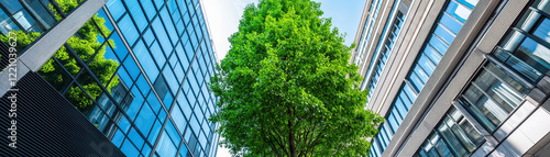 A vibrant tree stands tall amidst modern skyscrapers, showcasing urban nature coexistence. photo