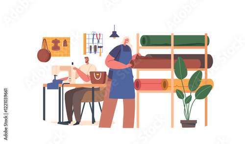Tailor Male Character Stitching Bag With Sewing Machine, Carefully Guiding The Fabric Through The Machine