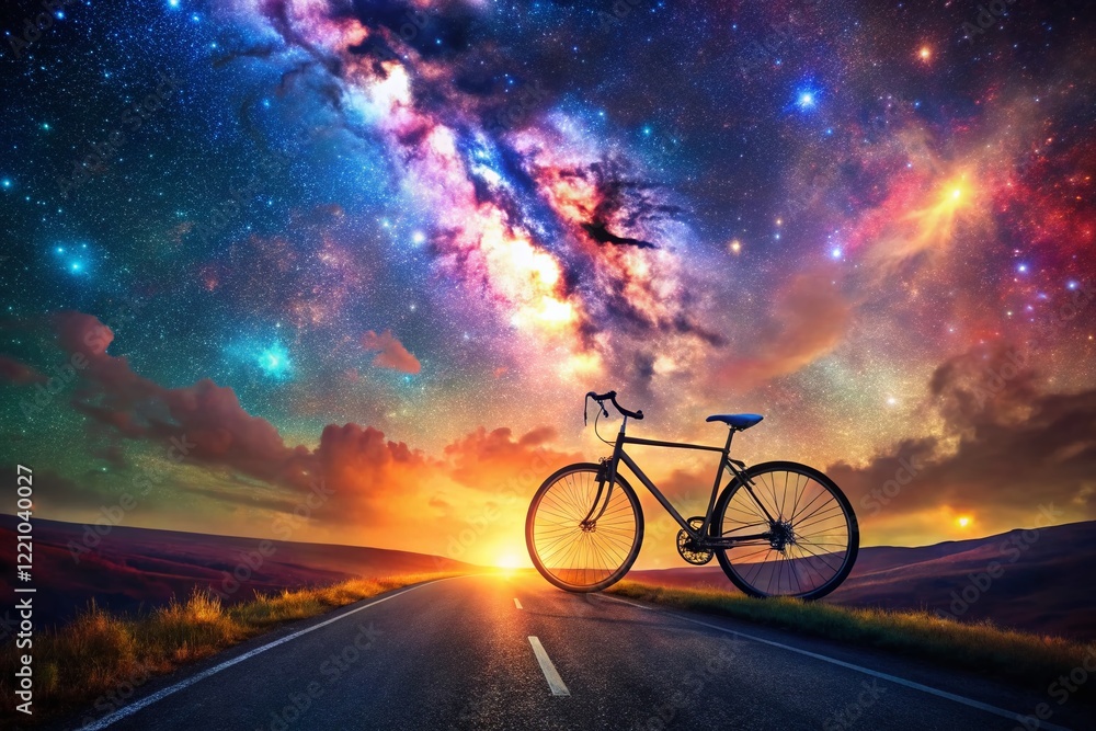 Obraz premium Surreal Cycling: A Rennrad Ascends a Starry Sky Road