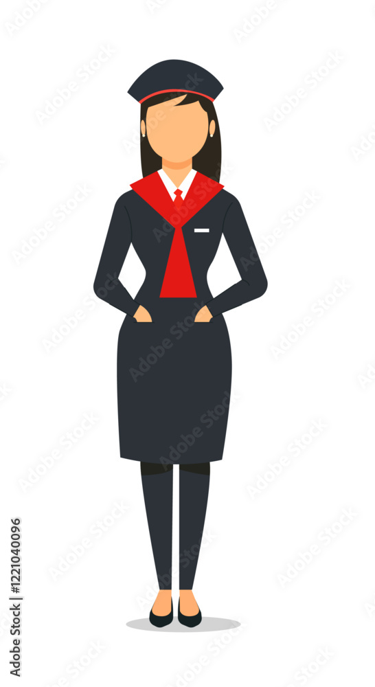 A minimalist vector illustration of a female air hostess, airline staff member in a formal navy-blue uniform with a red scarf and hat. Clean and professional design on a white background. A minimalist vector illustration of a female air hostess, airline staff member in a formal navy-blue uniform with a red scarf and hat. Clean and professional design on a white background.