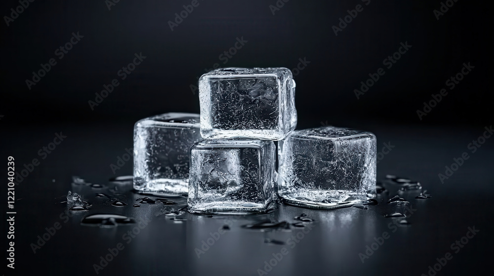 Clear ice cubes stacked on dark surface, reflecting light and creating subtle shadows. image captures coolness and clarity of ice, evoking refreshing feeling Clear ice cubes stacked on dark surface, reflecting light and creating subtle shadows. image captures coolness and clarity of ice, evoking refreshing feeling