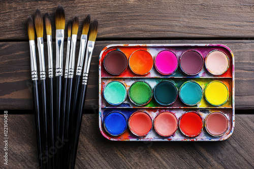 A vibrant watercolor palette with brushes  perfect for artistic expression and creativity.