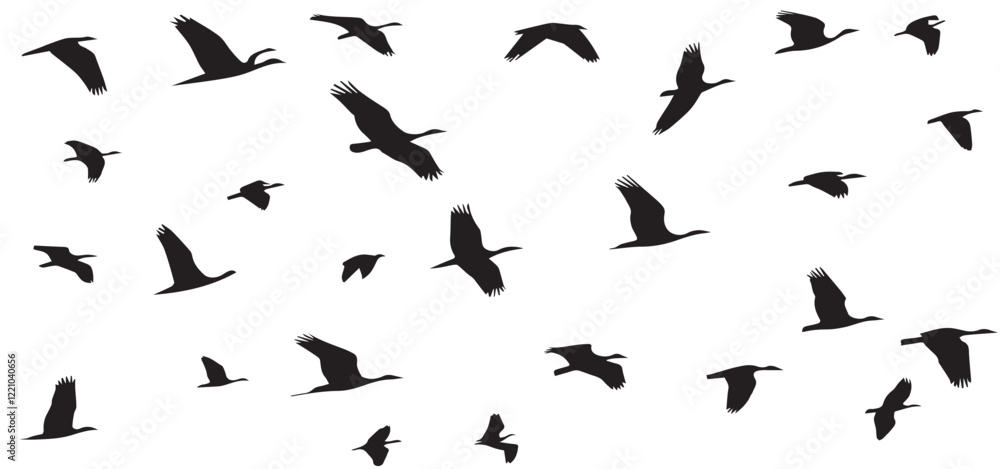 a flock of birds vector. silhouette flying birds white background a flock of birds vector. silhouette flying birds white background