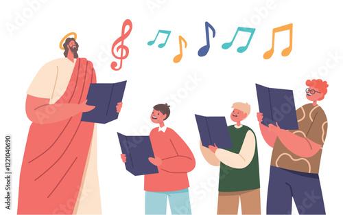 Jesus And Children Gathered, Holding Musical Notes In Their Hands, Singing Harmonious Chorals With Joy And Devotion