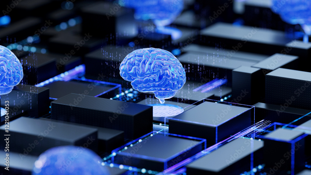 AI brain on circuit board symbolizes cognitive computing and technological intelligence. 3d rendering, conceptual image.