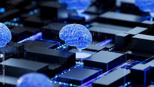 Obraz na płótnie AI brain on circuit board symbolizes cognitive computing and technological intelligence. 3d rendering, conceptual image. w salonie