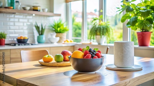 Wallpaper Mural Smart Speaker & Fresh Fruit on Kitchen Table - Modern Kitchen Tech Stock Photo Torontodigital.ca