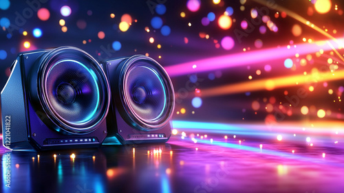 Futuristic Speakers with Vibrant Neon Lights and Bokeh Effects
