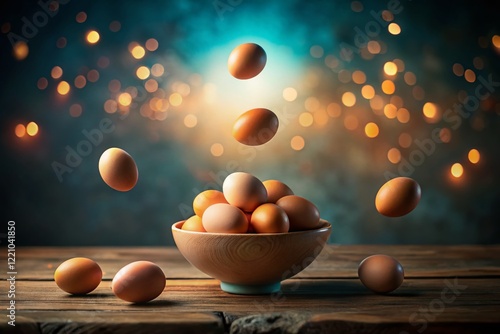 Surreal Eggscape: Floating Eggs in Bowl & on Table with Copy Space photo