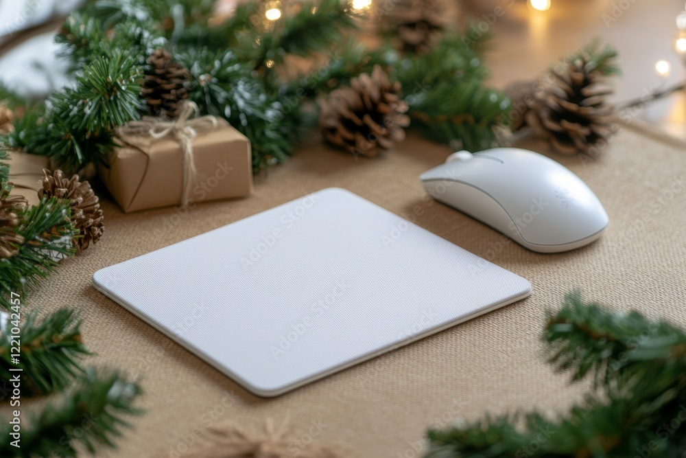 Fototapeta premium Cozy Home Office Setup with Mouse, Mousepad and Holiday Decor