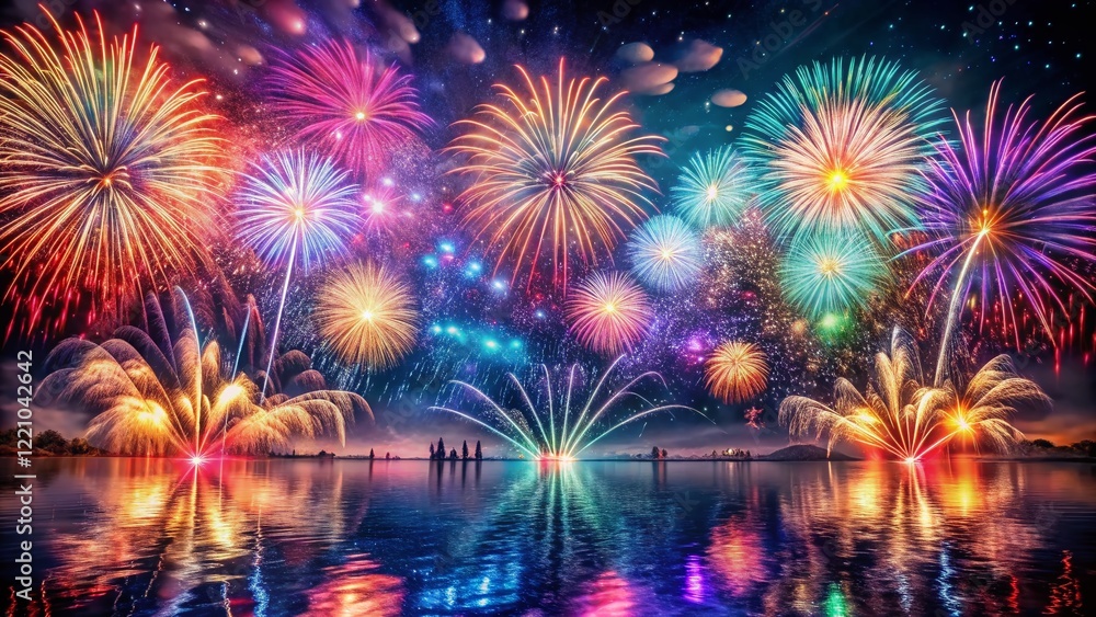 Fototapeta premium Surreal Fireworks Splash: Ethereal Night Sky Burst