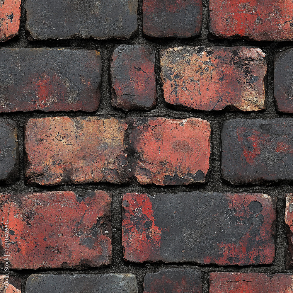 Seamless rustic red and black brick wall texture with weathered and distressed details for architectural and industrial designs Seamless rustic red and black brick wall texture with weathered and distressed details for architectural and industrial designs