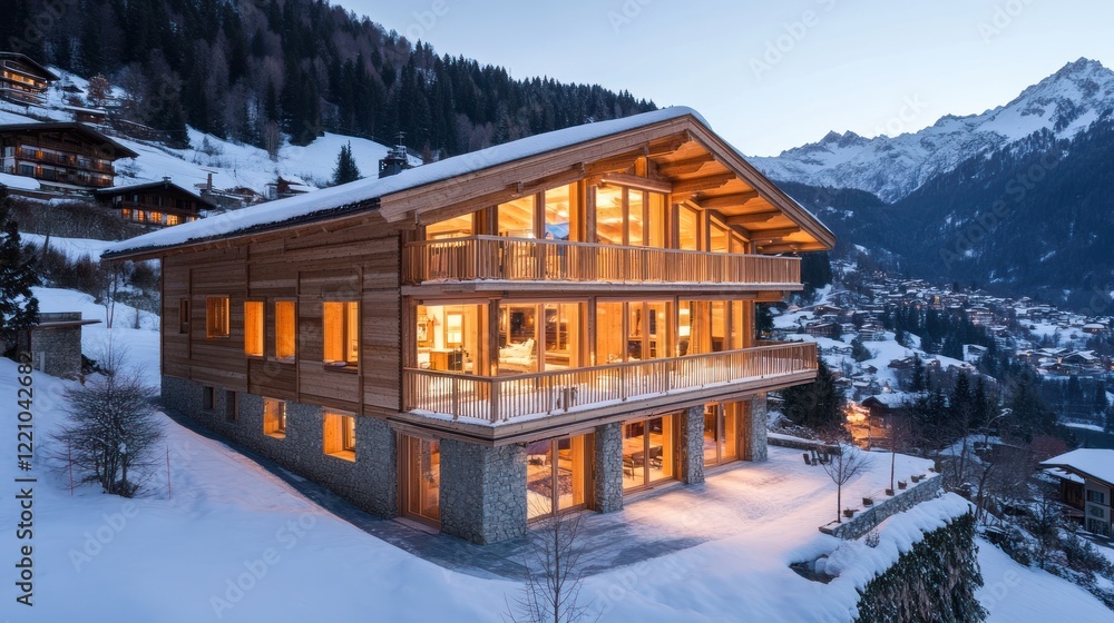 Illuminated Modern Alpine Chalet Nestled In Snowy Mountains