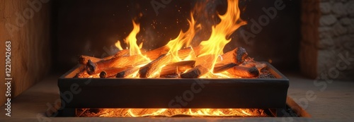 A burning flame rising from a ceramic cremation oven, funeral pyre, photo