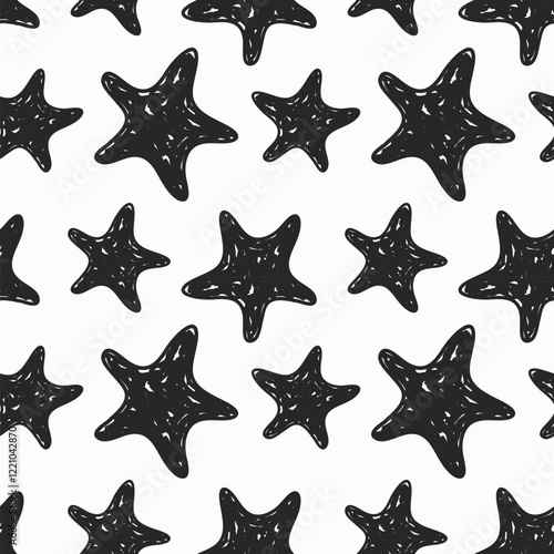 Hand drawn starfish seamless pattern. Grunge texture stars background.