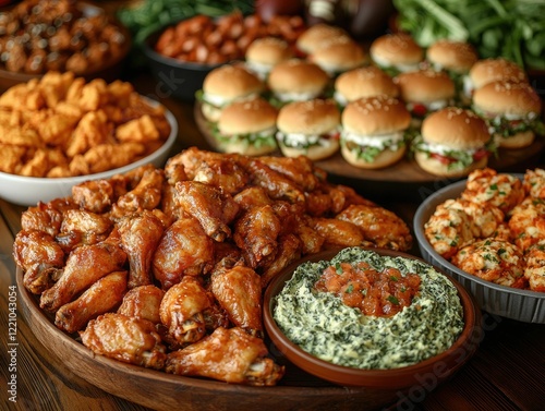 A platter of assorted game-day snacks, including chicken wings, sliders, spinach dip, and sauces, arranged neatly for casual dining and parties