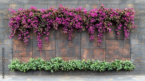 Purple flowers cascading down a brick wall, with green plants at its base for a backdrop