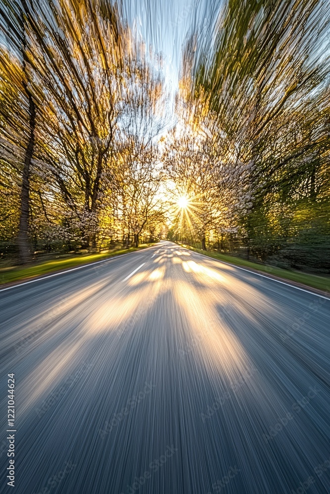Fototapeta premium Sunlit Road Through Blossoming Trees at Sunset