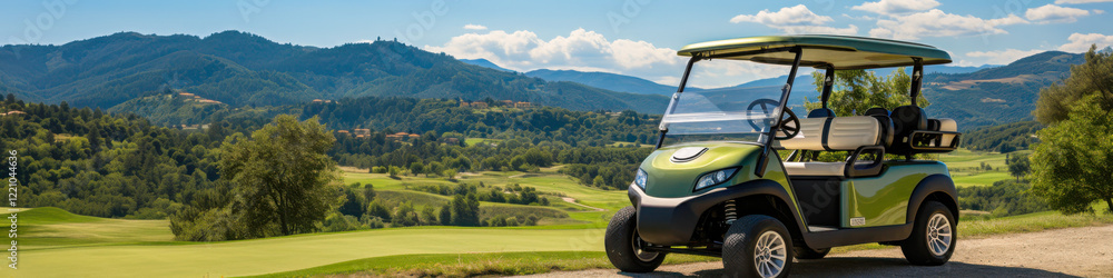 White golf cart parked on green grass with scenic views and clear sky in a popular golf resort area White golf cart parked on green grass with scenic views and clear sky in a popular golf resort area