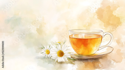 Fototapeta Naklejka Na Ścianę i Meble -  A relaxing chamomile tea cup with flowers and honey, soothing watercolor style 