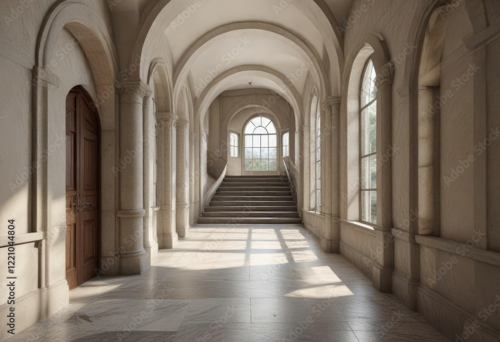 Arched window-lined hallway with a large stone staircase and marble flooring, grand entrance, arched windows, narrow corridor Arched window-lined hallway with a large stone staircase and marble flooring, grand entrance, arched windows, narrow corridor