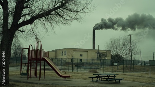Industrial Smoke Plumes Over Playground Scene