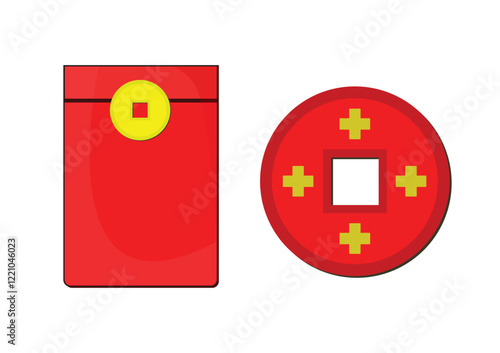 Illustration of red envelopes and Chinese coins. Red envelopes are traditionally filled with money and given as gifts during special occasions such as Chinese New Year,