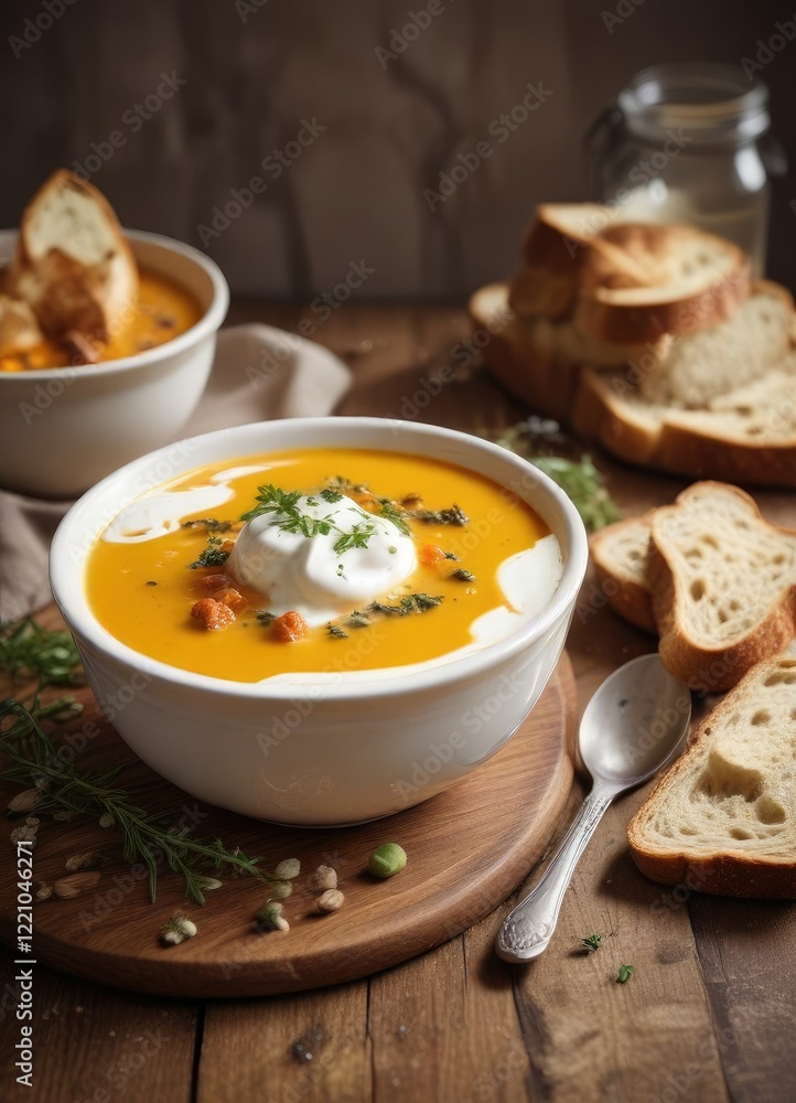 A bowl of warm beetroroot soup topped with a generous dollop of sour cream and served with a side of crusty bread , comfort food, cozy meal A bowl of warm beetroroot soup topped with a generous dollop of sour cream and served with a side of crusty bread , comfort food, cozy meal