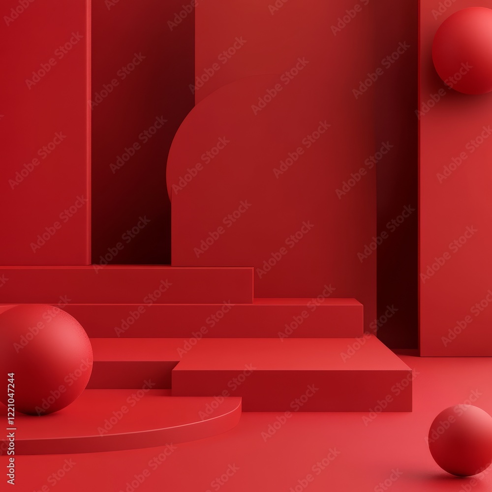 Abstract 3d rendering of minimal geometric forms. Glossy red podium for product display. Abstract 3d rendering of minimal geometric forms. Glossy red podium for product display.