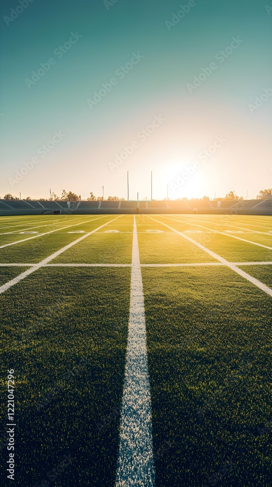 Fototapeta premium Wide View of an Empty American Football Field Under Bright Sky