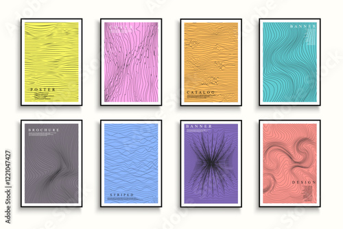 Collection of colorful art striped covers, templates, backgrounds, placards, brochures, banners, flyers and etc. Creative minimalistic posters with curve lines texture. Contemporary design