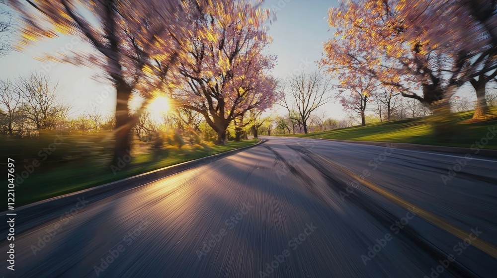 Fototapeta premium Sunset Drive Through Blooming Trees Along Winding Road