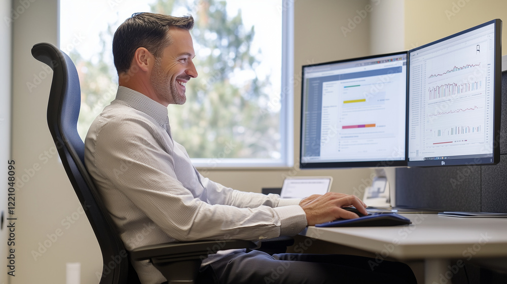 A professional seated in an ergonomic chair, smiling while entering data from a document into a computer A professional seated in an ergonomic chair, smiling while entering data from a document into a computer