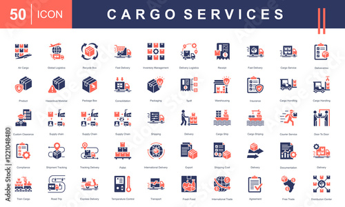 Icons for Cargo Services, featuring logistics, air cargo, delivery, warehousing, supply chain, packaging, tracking, international trade, and transport. Ideal for shipping and logistics projects.